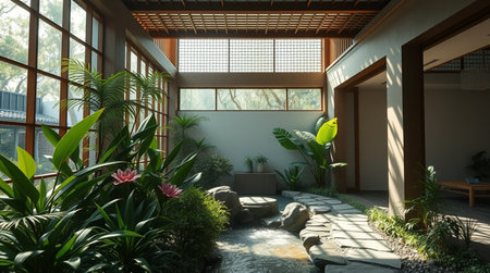 3D rendering of a Japanese style living room with a large garden