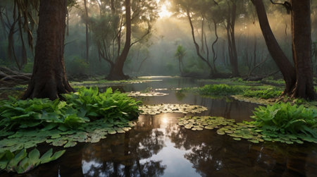 Foggy morning in the tropical forest with lake and lotus