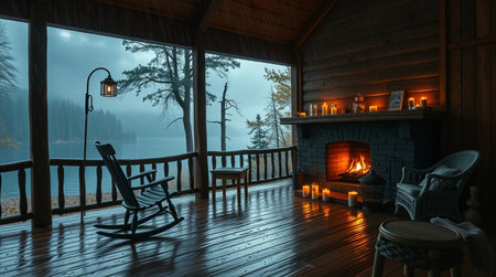 3D rendering of a log cabin in the forest by the lakeの写真素材