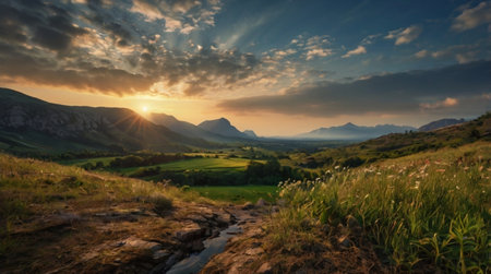 Beautiful summer landscape in the mountains at sunset. Panorama.
