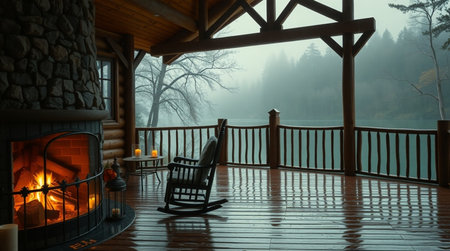 Wooden terrace with fireplace and rocking chair in foggy morningの写真素材