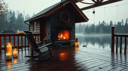 3d rendering of a log cabin in the middle of a lakeの写真素材