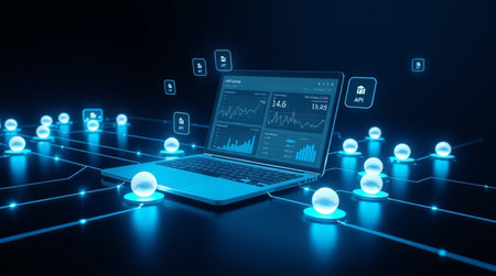 Laptop with glowing icons on dark blue background. 3D rendering