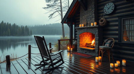 3d rendering of a log cabin with a fireplace in the woodsの写真素材