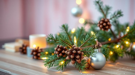 Christmas decoration with fir branches, pine cones, Christmas balls and candles on a wooden tableの写真素材