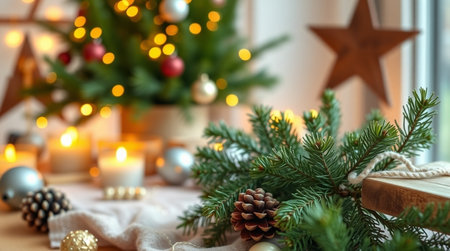 Christmas decoration with fir branches, candles and toys on wooden table in roomの写真素材