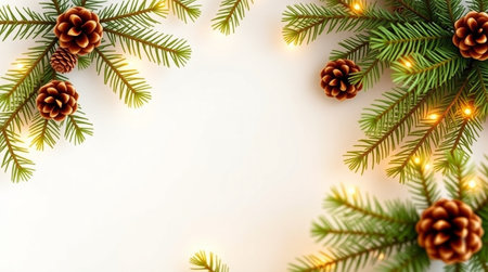 Christmas background with fir tree branches, pine cones and garland on white backgroundの写真素材