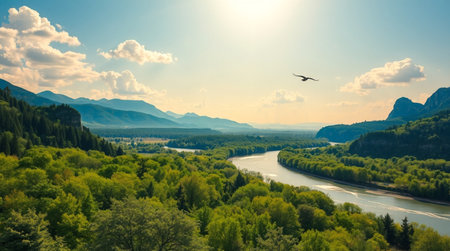 Panoramic view of the river and mountains on a sunny summer dayの写真素材