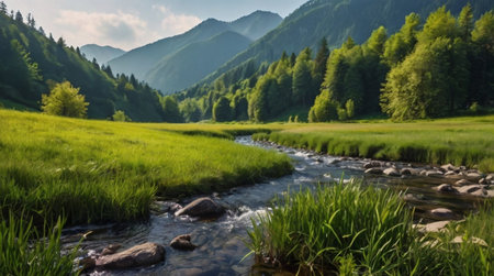 Mountain river in the summer in the Carpathian Mountains.の写真素材