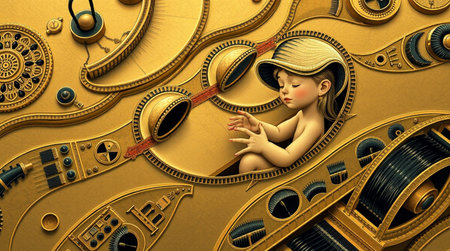 3d rendering of a little girl sitting in the middle of the mechanismの写真素材