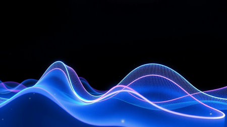 abstract blue wave lines on black background. 3d render illustrationの写真素材