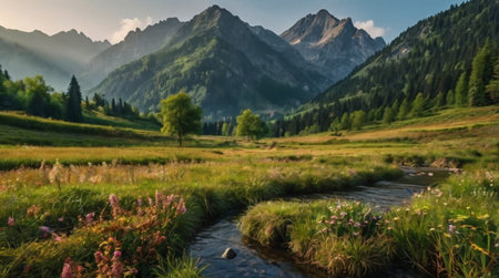 Panoramic view of a small river in the Alps.の写真素材