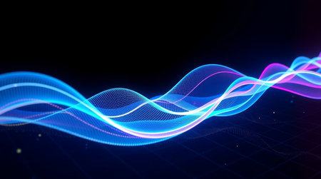 3d illustration of abstract blue background with waves and bokeh
