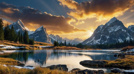 Sunset at the lake in the mountains of the Canadian Rockies.の写真素材