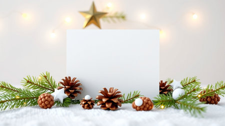 Christmas greeting card mockup with fir branches, pine cones, garland lights on white backgroundの写真素材