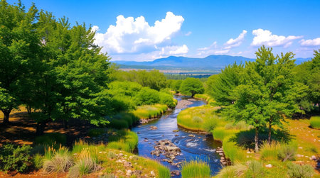 Beautiful landscape with river and mountains under blue sky with white cloudsの写真素材