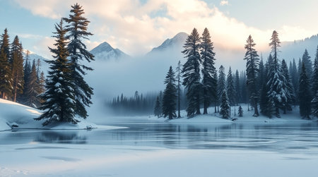 Mountain lake in the snow. Beautiful winter landscape. Mountain lake in the mountains.の写真素材