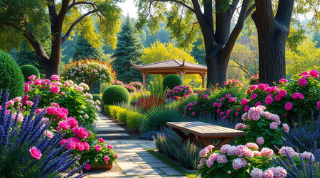 Gazebo in blooming flower garden. Summer landscape.の写真素材