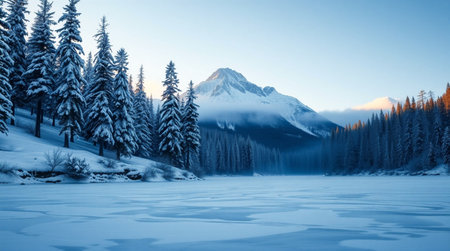 Beautiful winter landscape with frozen lake and snow covered mountains in Canadaの写真素材