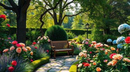 Beautiful spring garden with blooming flowers and wooden bench in parkの写真素材