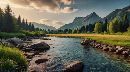Mountain river in the Altai mountains at sunset, Siberia, Russiaの写真素材