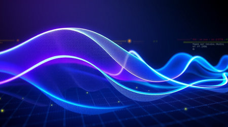 abstract technology background with blue glowing lines and waves. 3d renderingの写真素材
