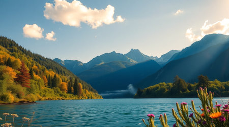 Beautiful autumn alpine landscape with lake and mountains in the background