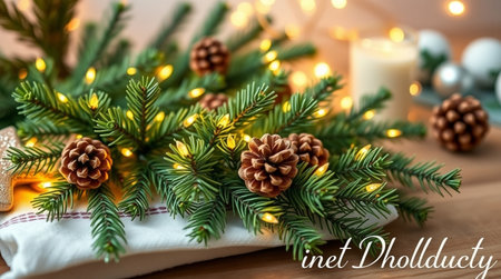 Fir branches with pine cones and garland lights. Christmas greeting card.の写真素材