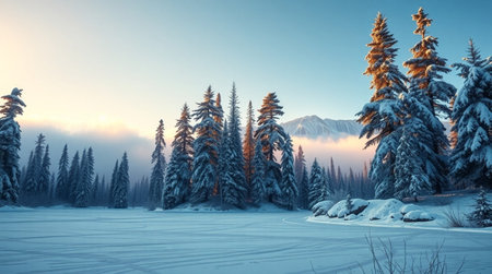 Foggy winter landscape with snow covered fir trees and mountains.の写真素材