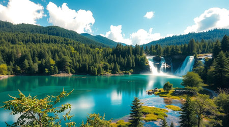 Beautiful view of the waterfall and the lake in the mountains.の写真素材
