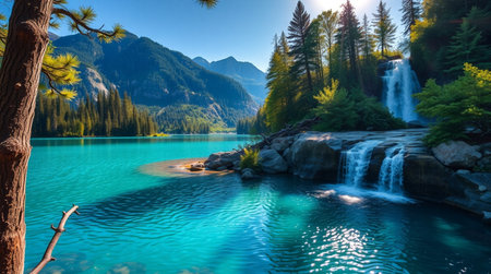Beautiful emerald lake in the mountains at sunset. Nature backgroundの写真素材