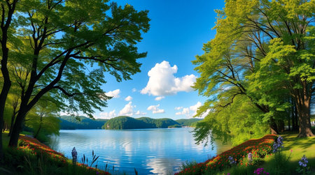 Beautiful spring landscape in the park with lake and blue sky.の写真素材
