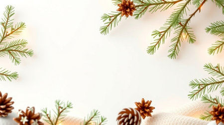 Christmas background with fir branches, pine cones and garland on white background