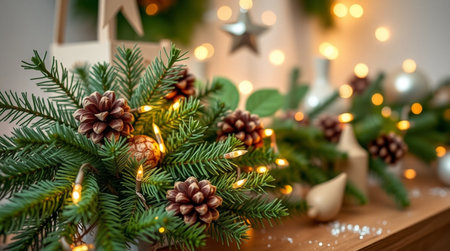 Christmas decoration with pine cones, fir branches, garland and light bulbsの写真素材