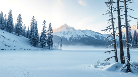 Beautiful winter landscape with frozen lake and snow covered trees in the mountainsの写真素材