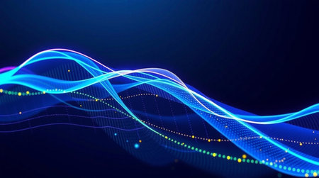 abstract blue background with glowing particles and wave lines, vector illustration