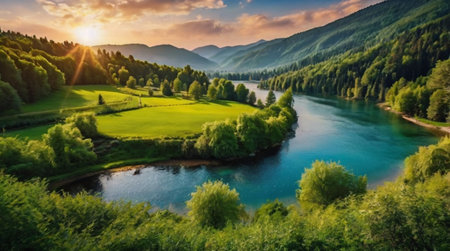 Aerial view of beautiful mountain landscape with river and forest at sunsetの写真素材