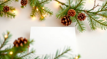 Christmas greeting card mockup with fir branches, pine cones and garland on white backgroundの写真素材