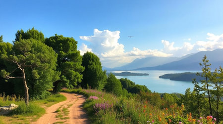 Panoramic view of Lake Ohrid, Macedonia. Summer landscape.の写真素材