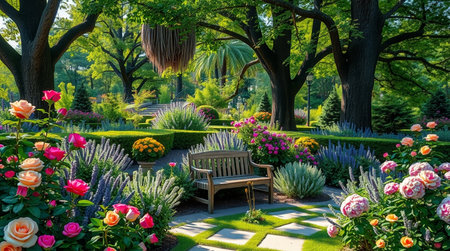 Luxury garden in spring with bench and blooming flowers.の写真素材