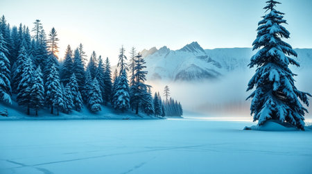 Beautiful winter landscape with frozen lake and snow covered fir trees in mountainsの写真素材