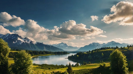 panoramic view of alpine lake in Bavaria, Germanyの写真素材