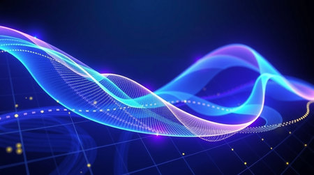 abstract blue background with glowing lines and particles, futuristic technology illustrationの写真素材