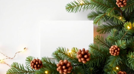 Christmas greeting card mockup with fir tree branches, garland lights and copy spaceの写真素材