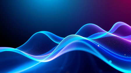 3d render, abstract blue background with flowing particles, sound wave, music sound wave