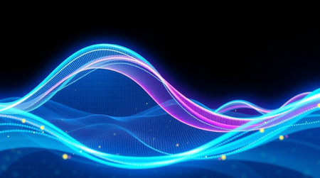 Abstract 3d rendering of blue and purple waves on black background.