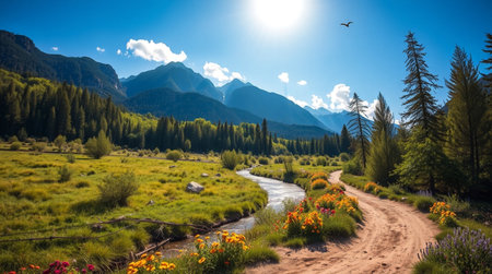 Mountain landscape with river and flowers in the foreground. Altai, Siberia, Russiaの写真素材