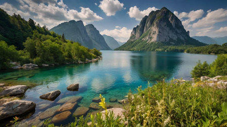 Panoramic view of the mountain lake. Beautiful summer landscape.の写真素材