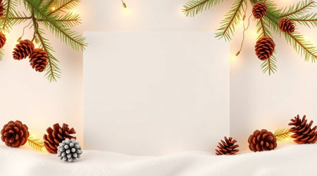 Christmas greeting card mockup with fir branches, pine cones and garland. 3d renderingの写真素材