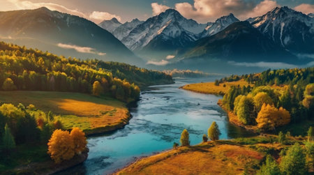 Aerial view of autumn alpine landscape with river and mountains.の写真素材